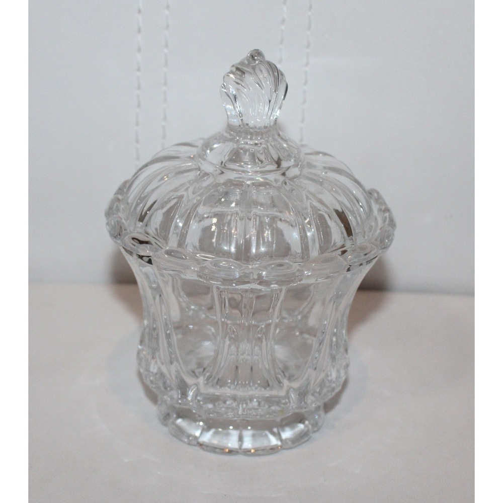 small glass candy dish trinket condiment jar ribbed dome lid footed clear